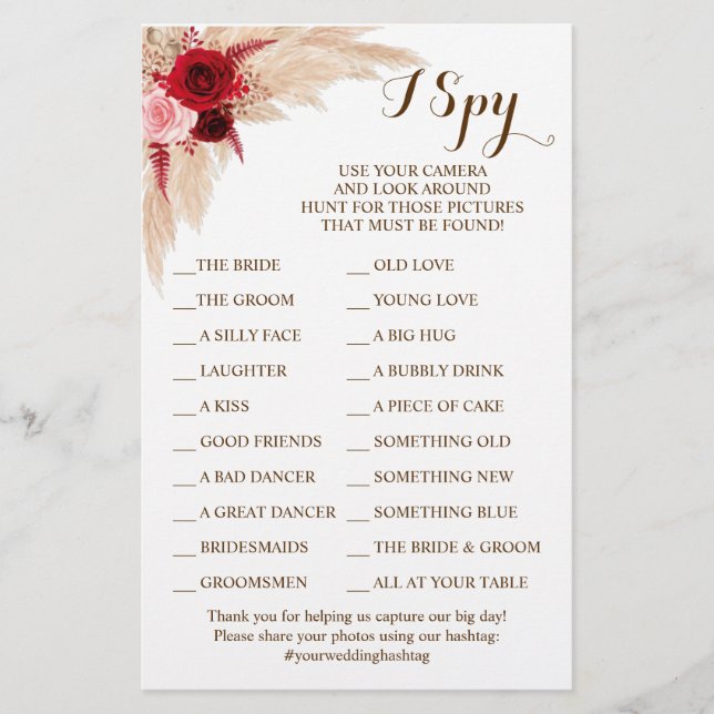 Pampas Grass Wedding Reception I Spy Game Card (Front)