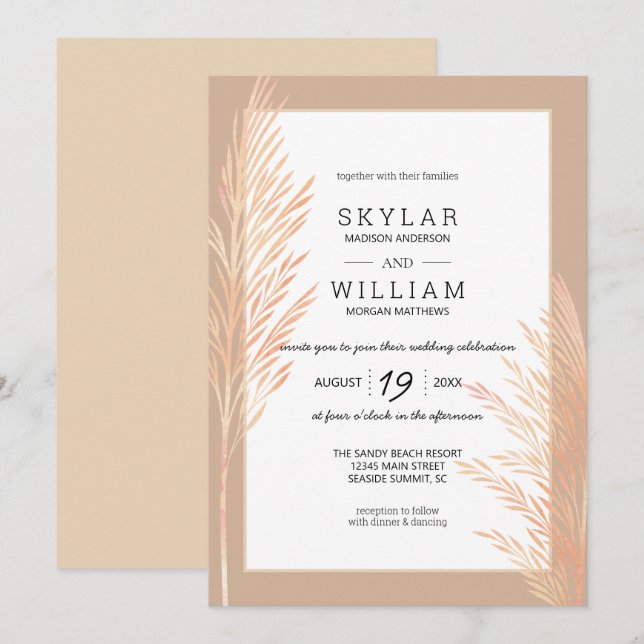 Pampas Grass Wedding Watercolor Chic Neutral Invitation (Front/Back)