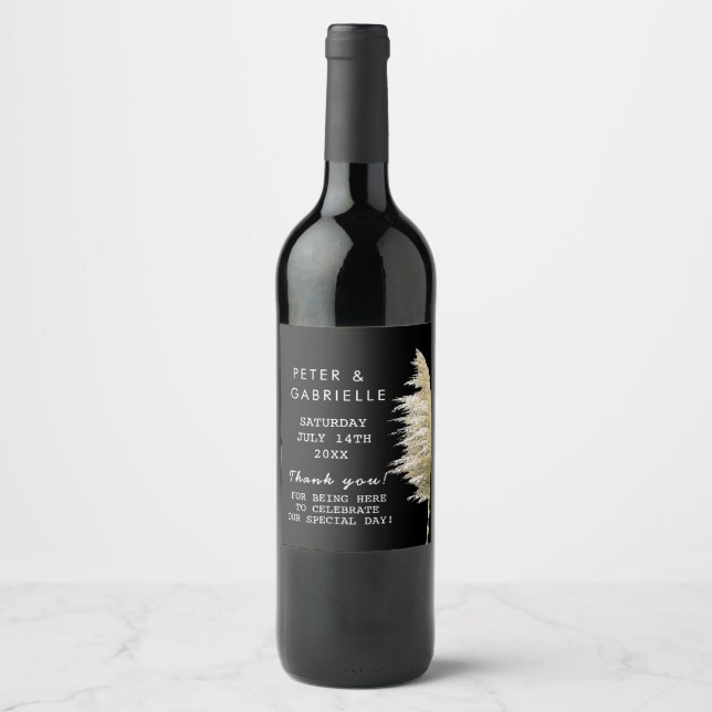 Pampas Grass Wedding Wine Bottle Labels (Front)