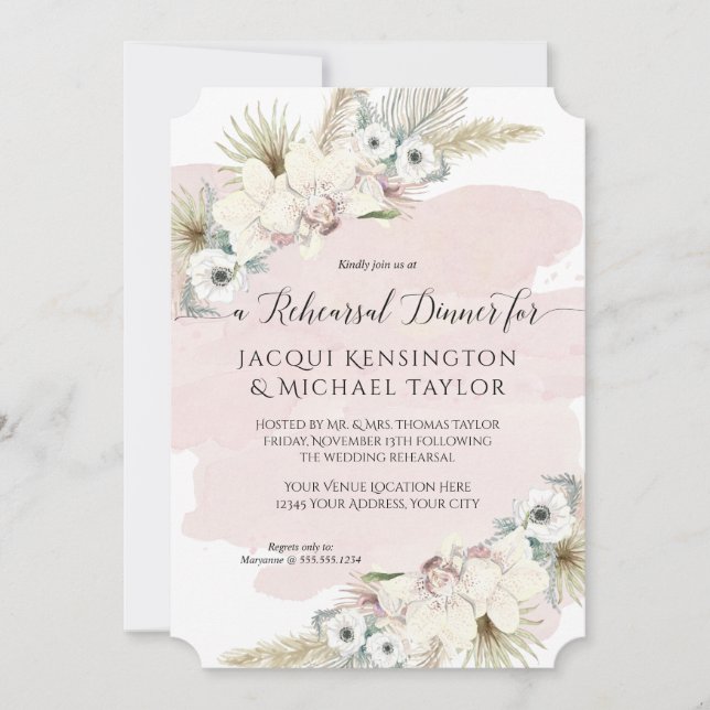 Pampas Grass White Floral Blush Rehearsal Dinner Invitation (Front)