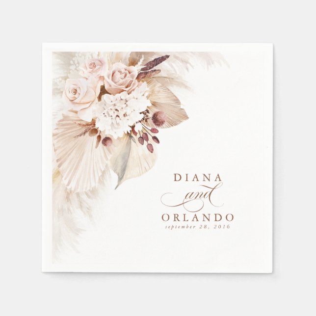 Pampas Grass White Floral Boho Wedding Napkin (Front)