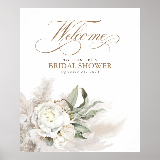 Pampas Grass White Floral Botanical Welcome Sign (Front)