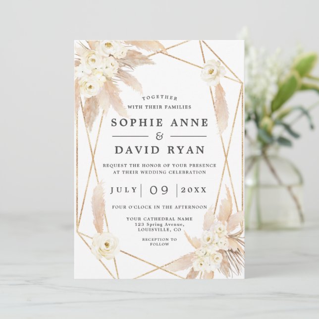 Pampas Grass White Floral Gold All In One Wedding Invitation (Standing Front)