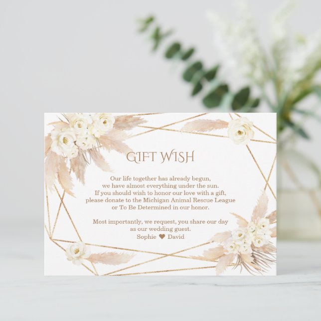 Pampas Grass White Flowers Wedding Gift Wish  Enclosure Card (Standing Front)
