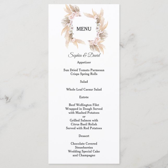Pampas Grass White Orchid Roses Wedding Menu (Front)