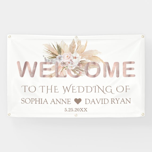 Pampas Grass White Orchid Wedding Welcome Sign (Horizontal)