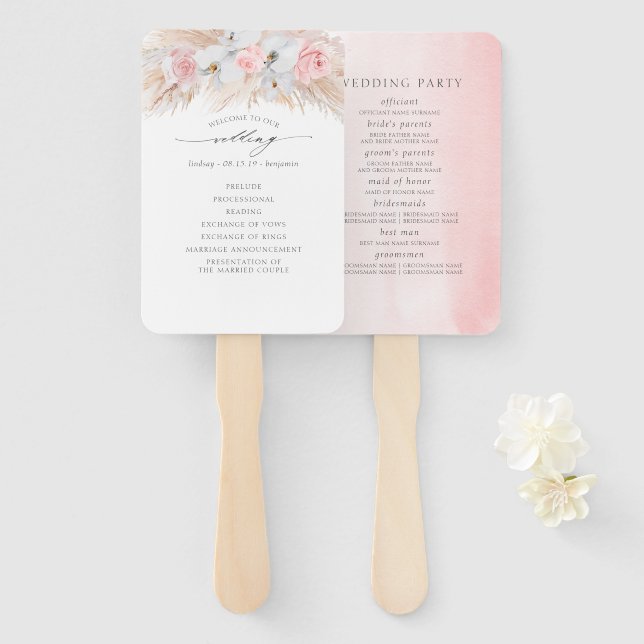 Pampas Grass White Orchids Exotic Wedding Program Hand Fan (Front and Back)