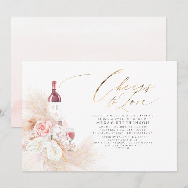 Pampas Grass Wine Tasting Bridal Shower Invitation (Front/Back)