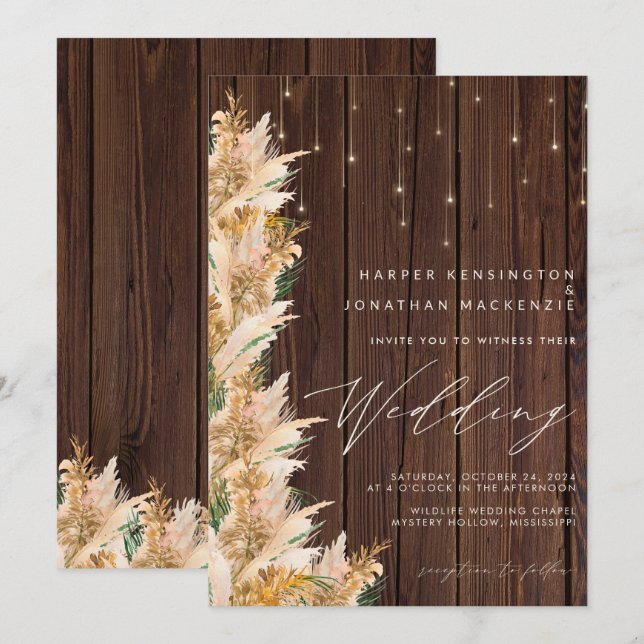 Pampas Grass Wood Twinkle Lights Boho Wedding Invitation (Front/Back)