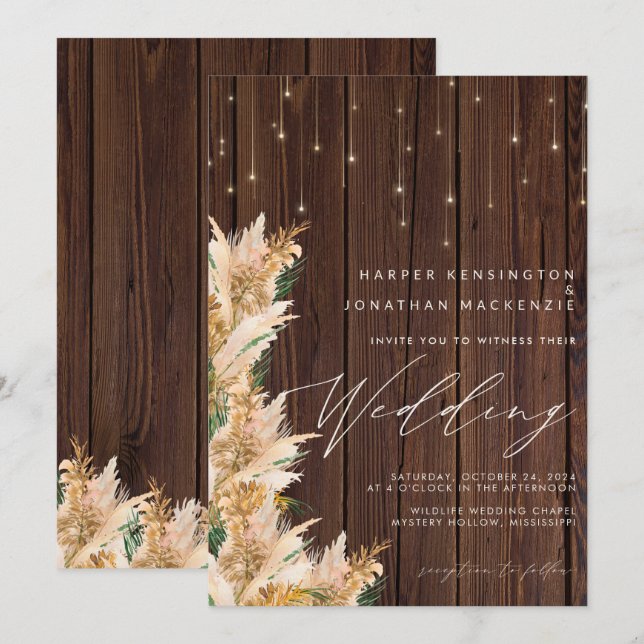 Pampas Grass Wood Twinkle Lights Boho Wedding Invitation (Front/Back)