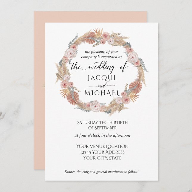Pampas Grass Wreath Boho Tropical Earthy Floral Invitation (Front/Back)
