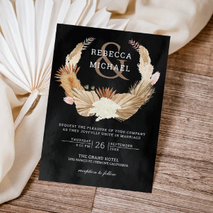 Pampas Grass Wreath Dried Palm Black Wedding Invitation