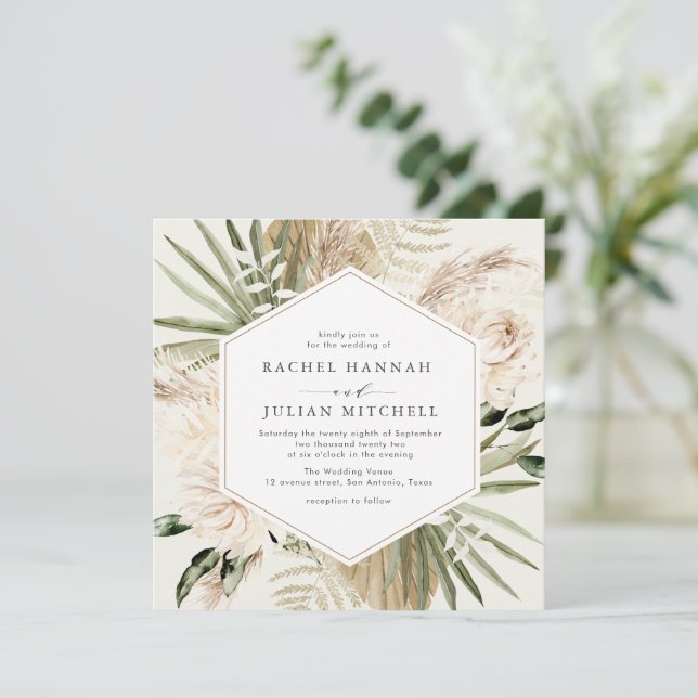 pampas greenery beige watercolor floral wedding invitation (Standing Front)