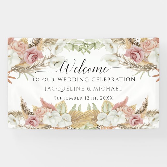 Pampas Greenery Blush Pink Floral Beach Wedding Banner (Horizontal)