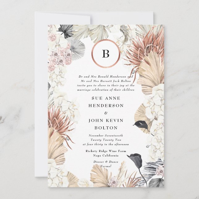 Pampas Modern Frame | Gold Foil Monogram | White Invitation (Front)