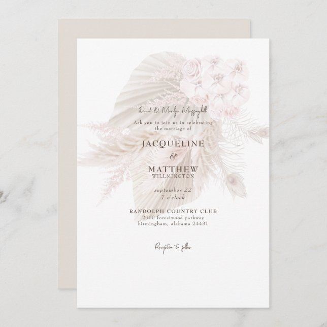 Pampas Muted Pink Floral Bride Parents Wedding Invitation (Front/Back)