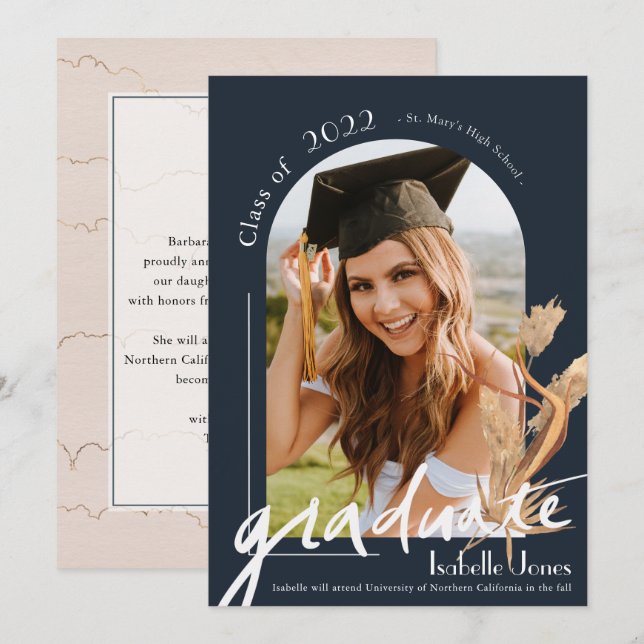 Pampas Navy Arch Photo Graduation Announcement (Front/Back)