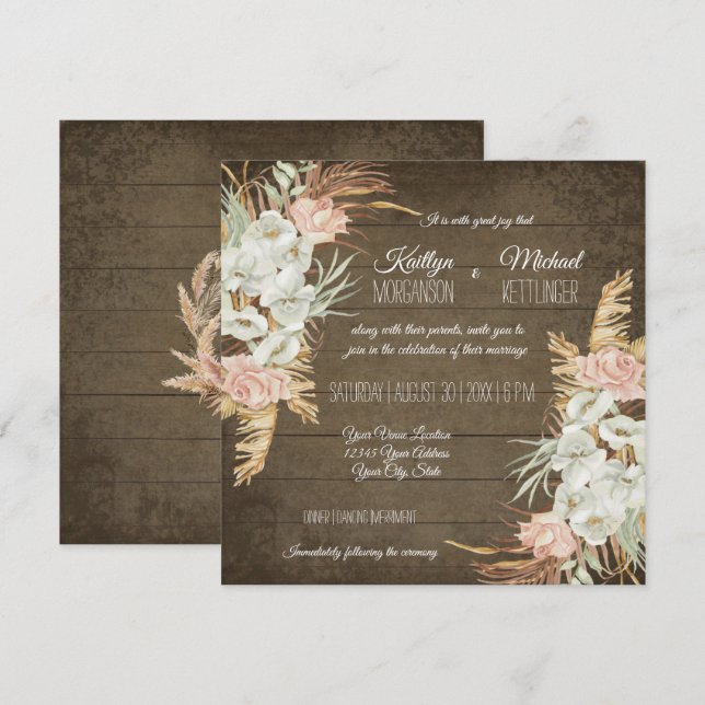 Pampas Palm Foliage Orchid Floral Rustic Wedding Invitation (Front/Back)