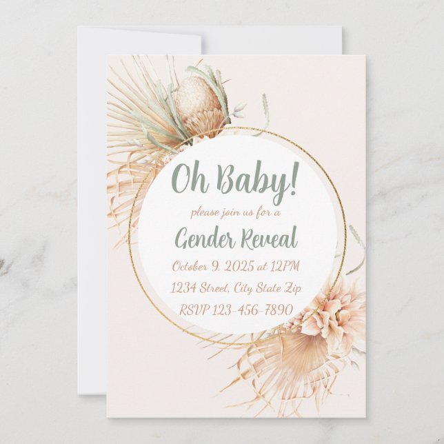 Pampas Palm Leaf Neutral Tone Boho Gender Reveal Invitation (Front)