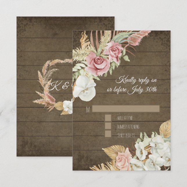 Pampas Palm Rose Wreath Rustic Foliage RSVP Card (Front/Back)