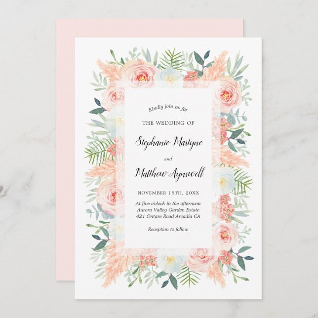 Pampas Pink Floral Watercolor Wedding Invitation (Front/Back)