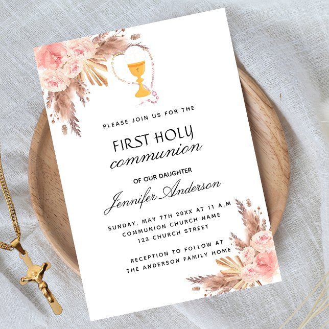 Pampas rose blush first holy communion luxury invitation (Creator Uploaded)