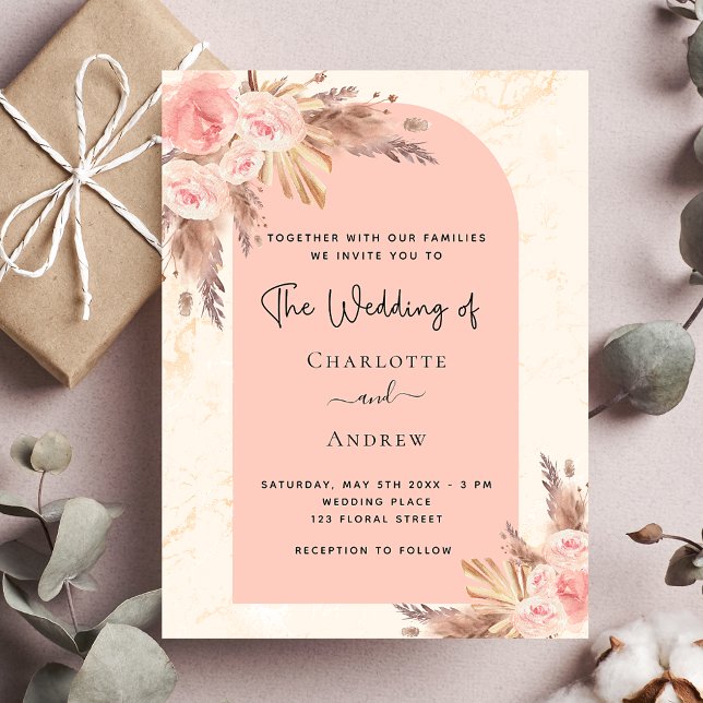 Pampas rose blush pink boho wedding invitation (Creator Uploaded)