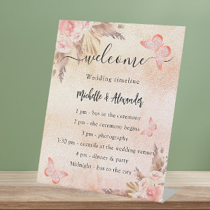 Pampas rose butterfly wedding program timeline pedestal sign
