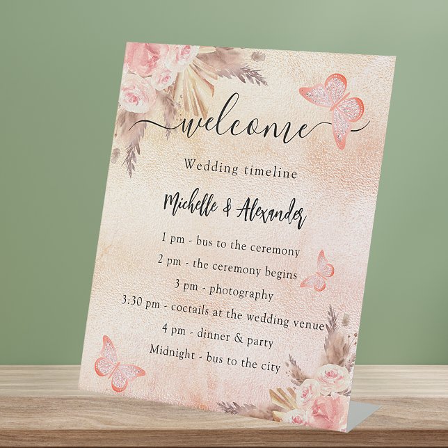 Pampas rose butterfly wedding program timeline pedestal sign (Creator Uploaded)