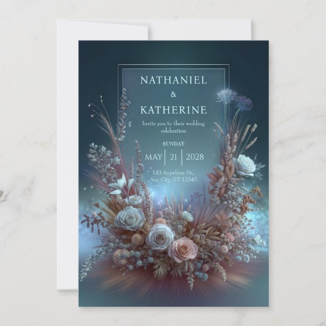 Pampas Rose Ethereal Teal Garden Wedding Invitation (Front)