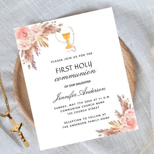 Pampas rose first communion budget invitation (Creator Uploaded)