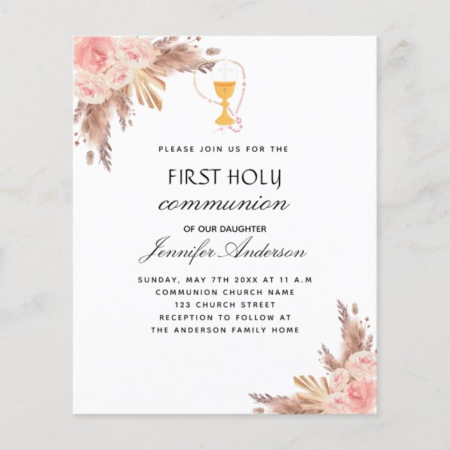 Pampas rose first communion budget invitation flyer (Front)