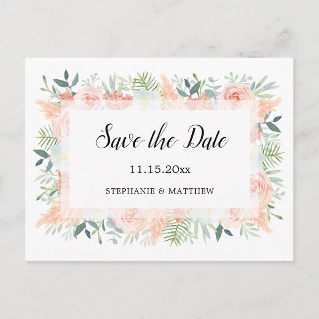 Pampas Roses Greenery Wedding Save The Date Announcement Postcard (Front)