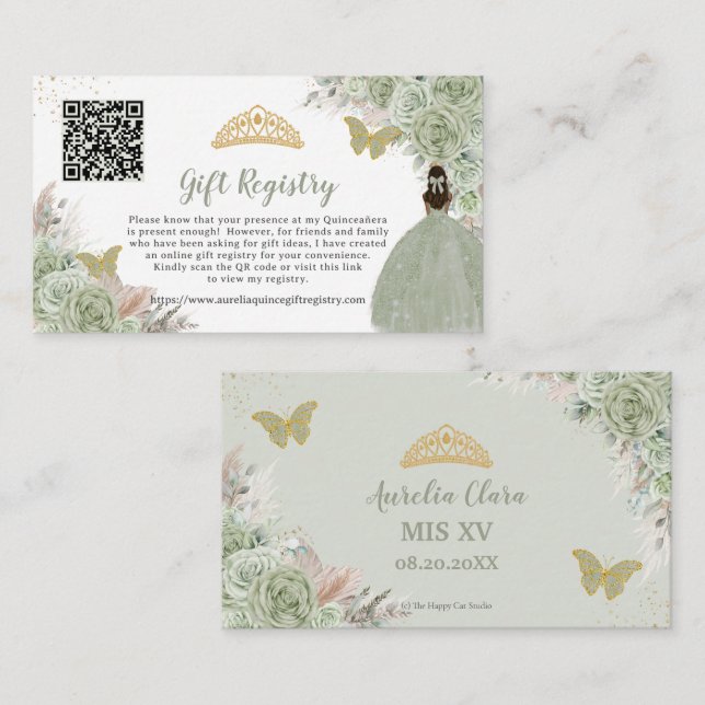Pampas Sage Green Floral Quinceañera Gift Registry Enclosure Card (Front/Back)