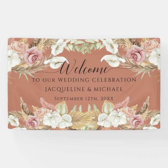 Pampas Terra Cotta Blush Pink Floral Beach Wedding Banner (Horizontal)