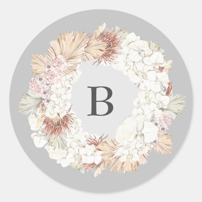 Pampas Ultimate Wreath Elegant Monogram Grey Classic Round Sticker (Front)
