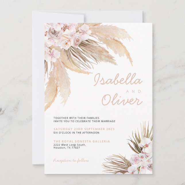 Pampas Wedding invitation boho beige (Front)