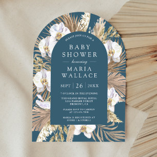 Pampas White Orchid Dusty Blue Arch Baby Shower Invitation