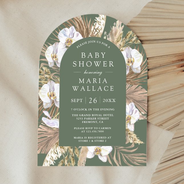 Pampas White Orchid Sage Green Arch Baby Shower Invitation (Creator Uploaded)