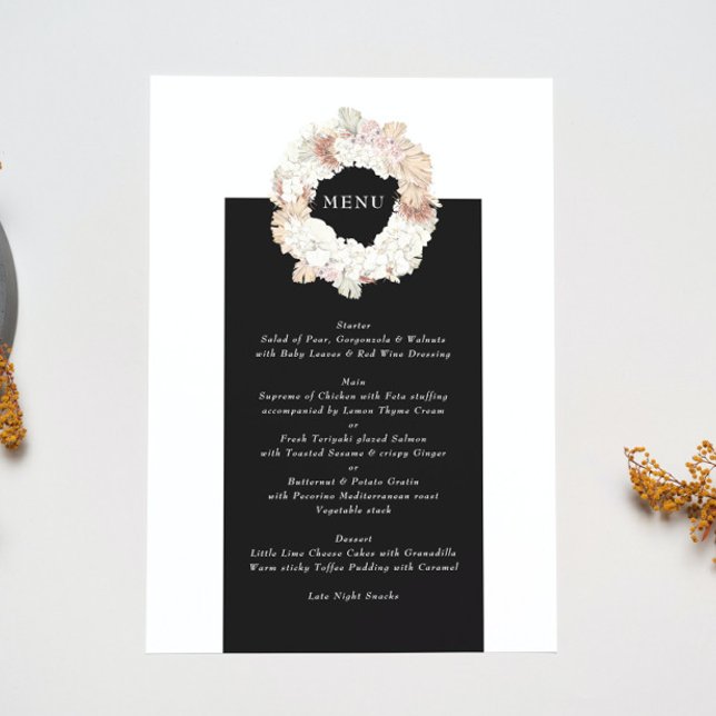 Pampas Wreath Modern White Elegant Monogram Simple Menu (Creator Uploaded)
