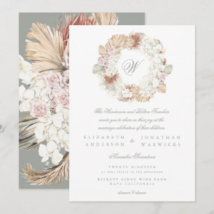 Pampas Wreath Moss Sage Green Monogram Elegant Invitation