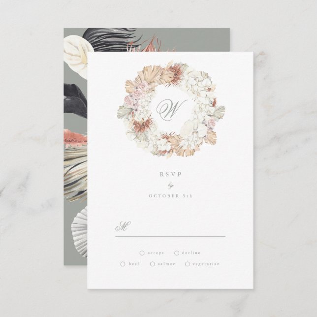 Pampas Wreath Moss Sage Green Monogram Elegant RSVP Card (Front/Back)