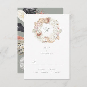 Pampas Wreath Moss Sage Green Monogram Elegant RSVP Card