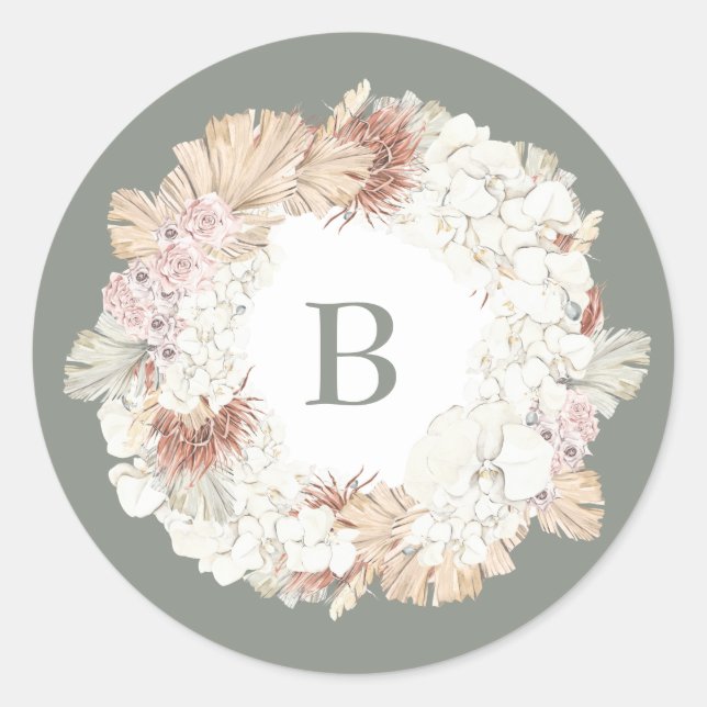 Pampas Wreath Moss Sage Green Monogram Simple Classic Round Sticker (Front)