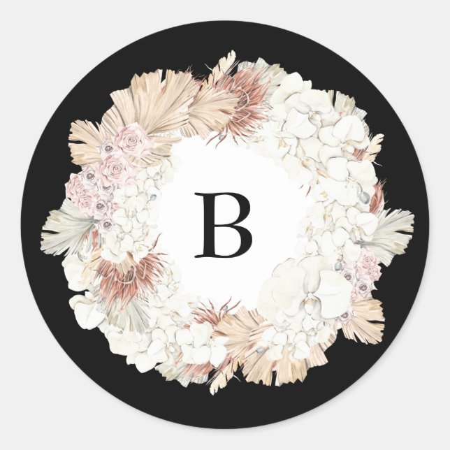 Pampas Wreath Onyx Black Premium Elegant Monogram Classic Round Sticker (Front)