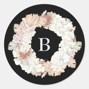 Pampas Wreath Pure Black Premium Elegant Monogram Classic Round Sticker