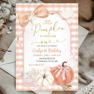 Pampass Gingham Pumpkin is One First Birthday Invitation