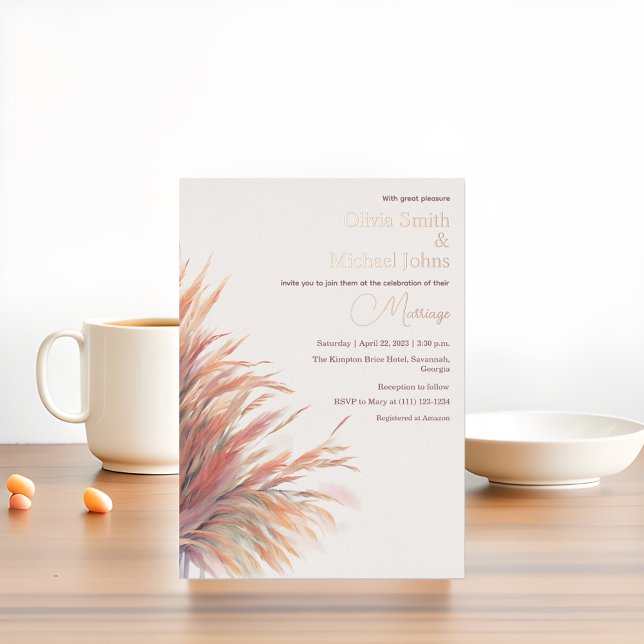 Pampass grass Terracotta Pink Wedding Invitation (Creator Uploaded)
