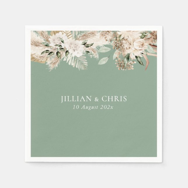 pamps grass sage green floral wedding napkin (Front)