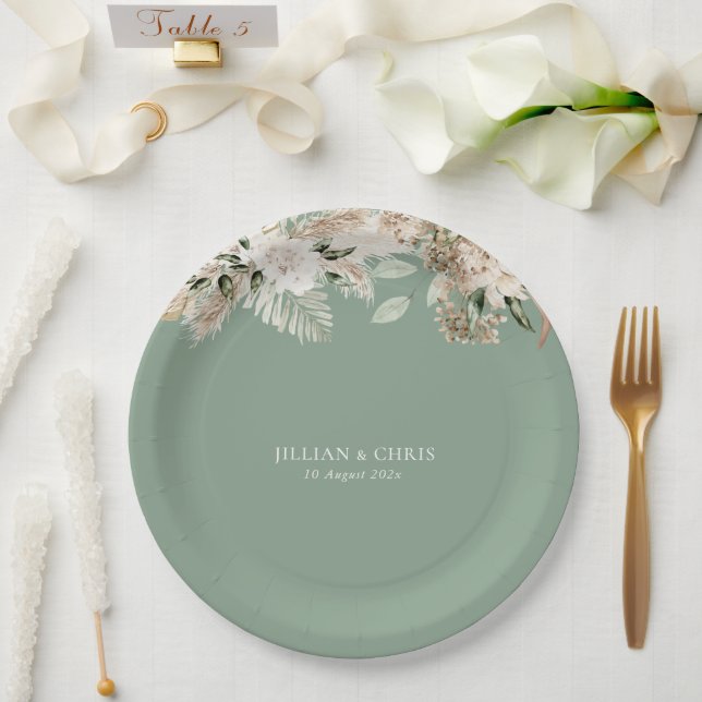 pamps grass sage green floral wedding paper plate (Wedding)